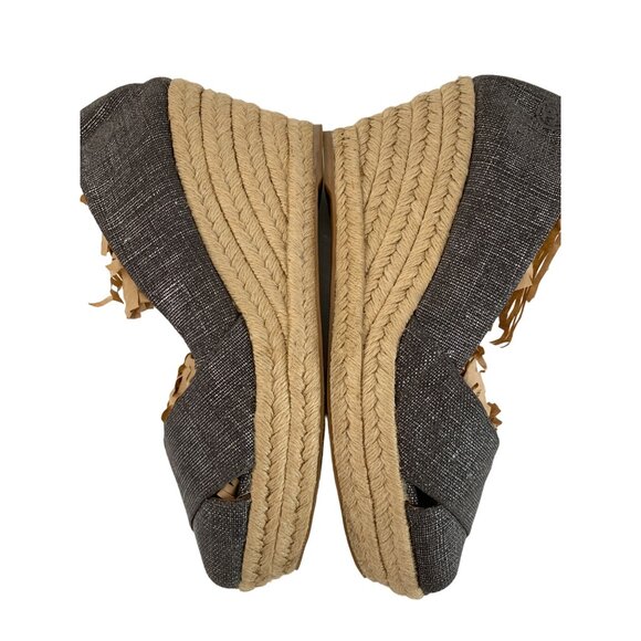 Tory Burch 11B Pewter Metallic Espadrille Wedge Heels Spain EUC 7968 Linen Peep - Picture 5 of 11